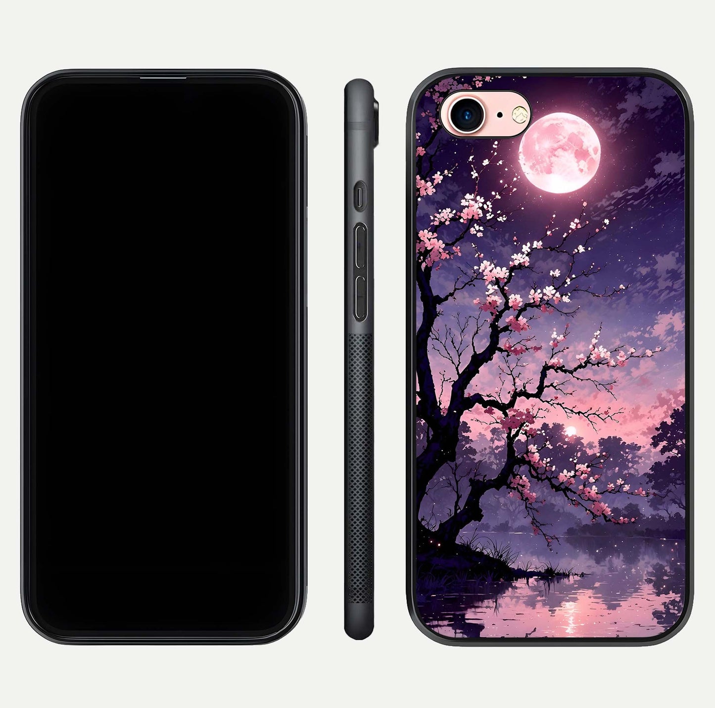 Blossom Pink Moon Glass Case for iPhone 16 Pro front-and-back layout showing minimal edges and artistic flower print