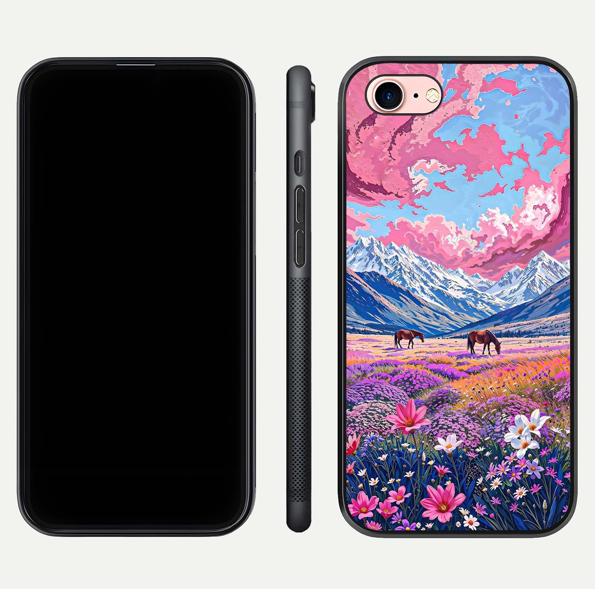 Blossom Valley Dream Glass Case for iPhone 16 Pro front-and-back layout highlighting glossy reflection and edge cut