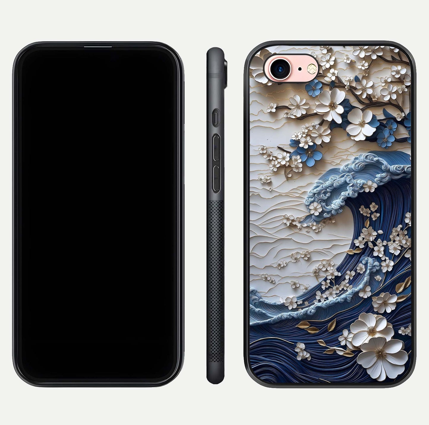Blossom Wave Art Glass Case for iPhone 16 Pro front-and-back layout showing curved design and glass clarity