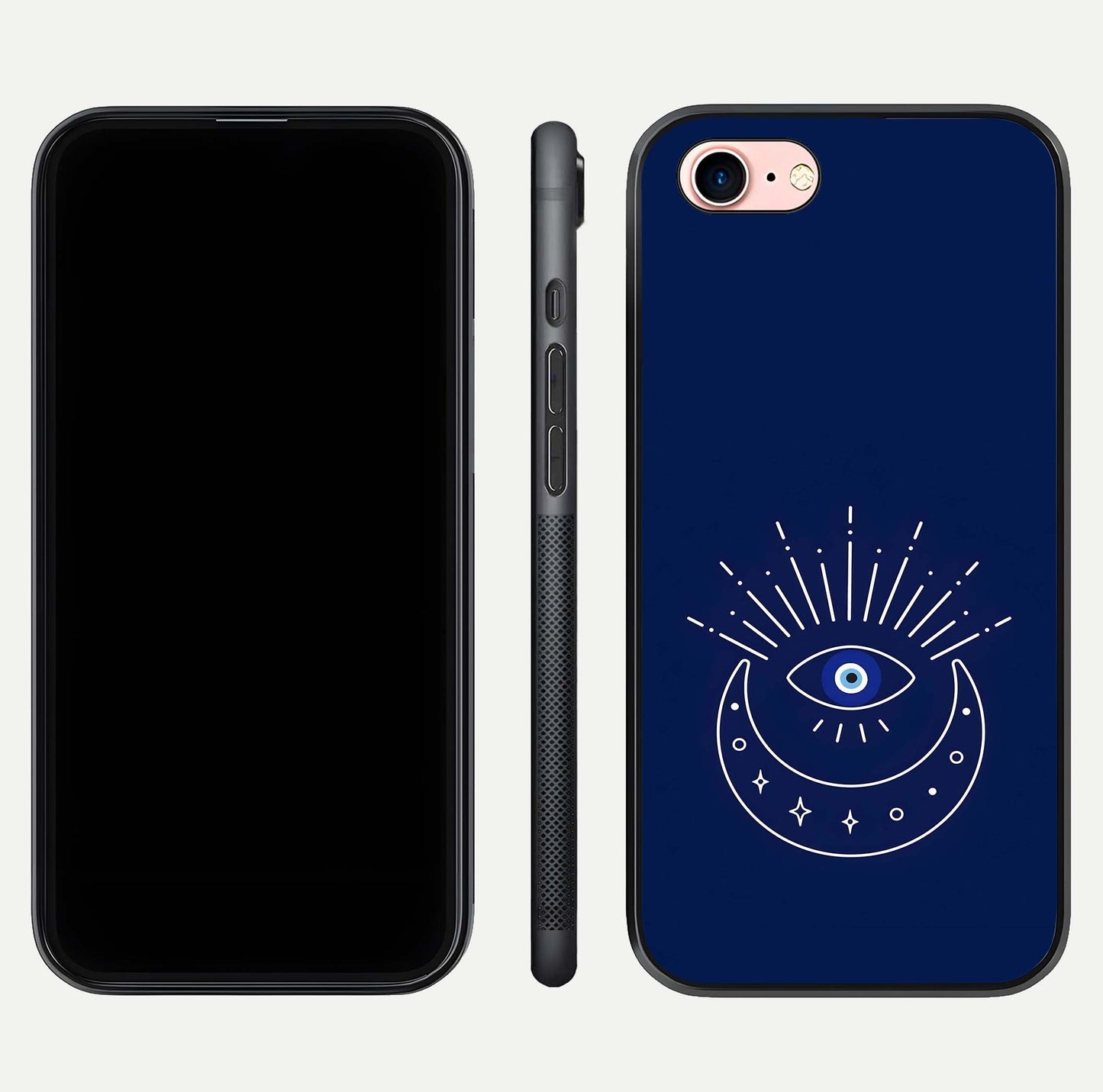 Blue Evil Eye Glass Case for iPhone 16 Pro front-and-back layout showing blue aura design and curved-edge clarity
