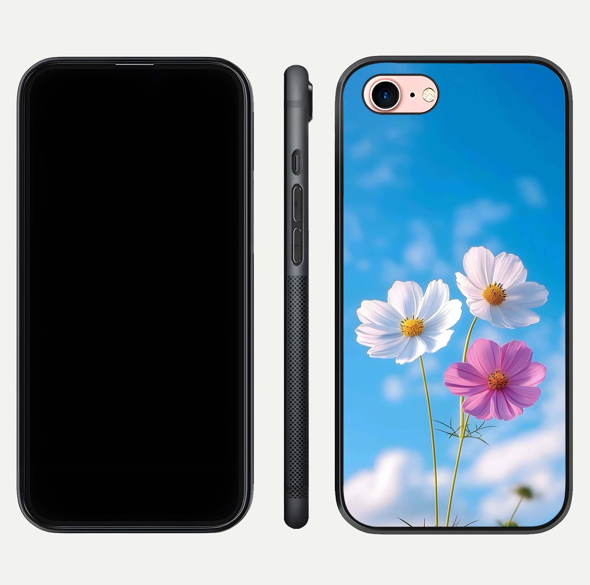 Triple Flowers With Sky Glass Case for iPhone 16 Pro front & back layout showing vivid tones and glossy surface