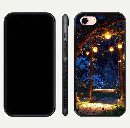 Twilight Garden Swing Glass Case for iPhone 16 Pro front & back layout showing garden art and clean edge