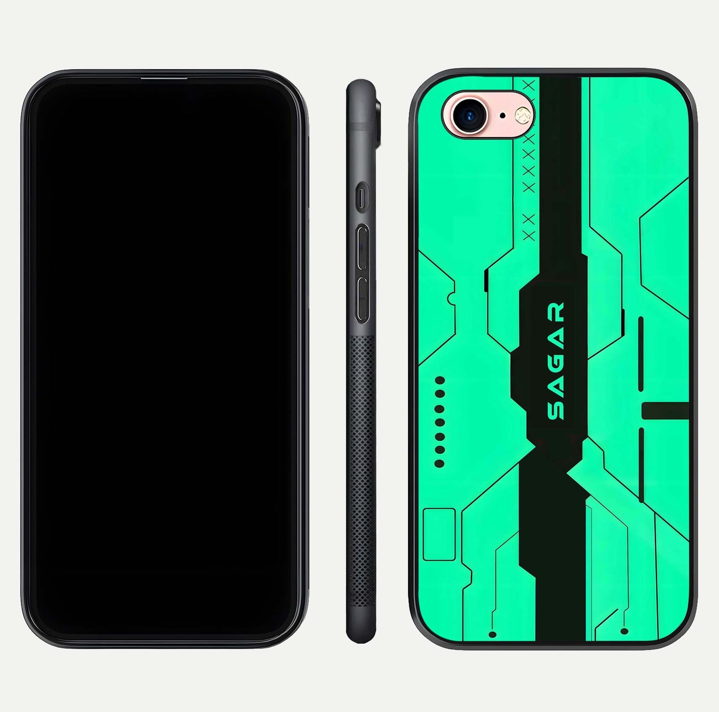 Aqua Tech CYBERPUNK Custom Name Glass Case for iPhone 6 Plus front and back display showing sleek tech pattern and shine