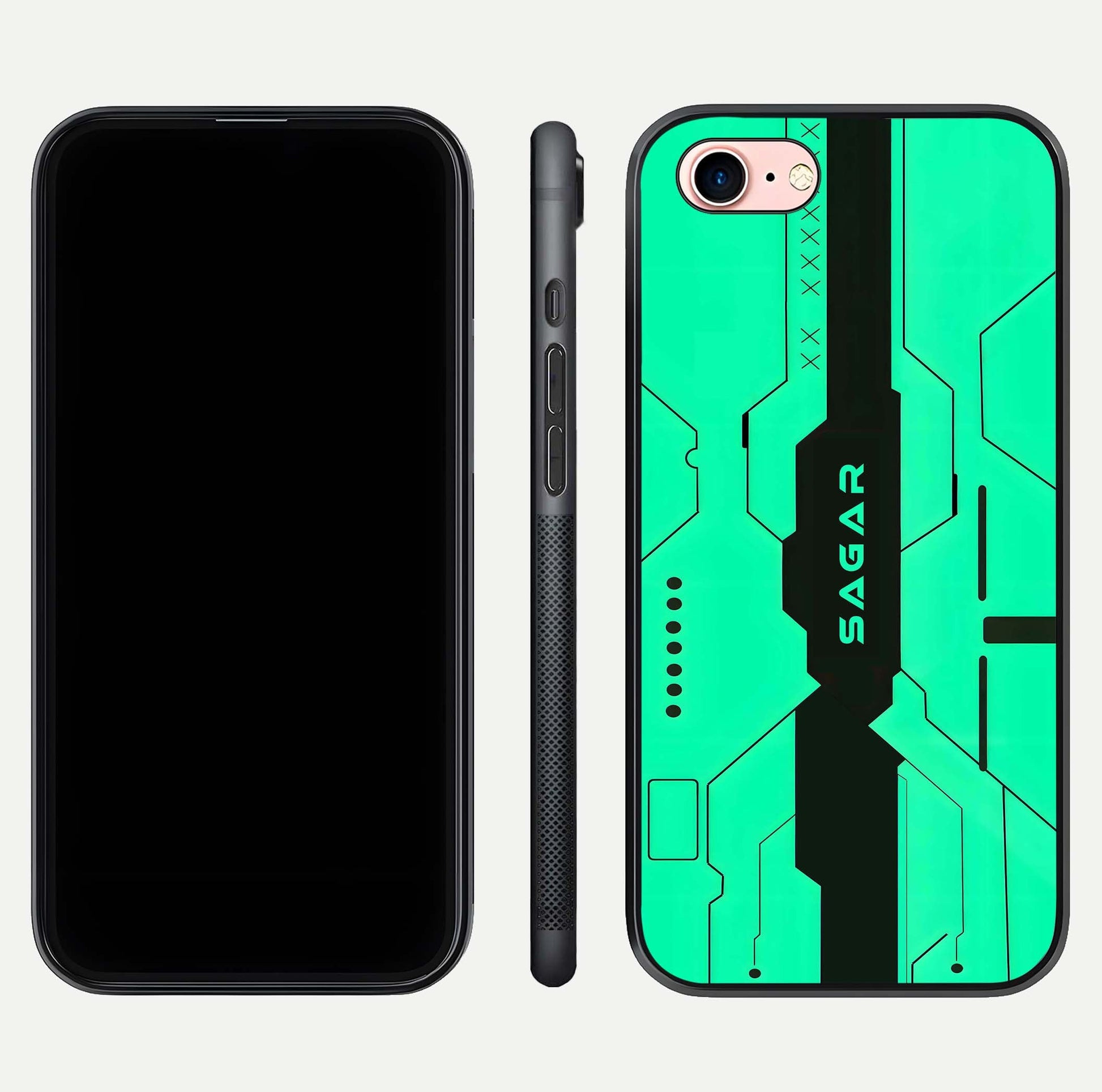 Aqua Tech CYBERPUNK Custom Name Glass Case for iPhone 6 Plus front and back display showing sleek tech pattern and shine