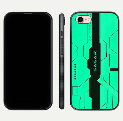 Aqua Tech CYBERPUNK Custom Name Glass Case for iPhone 6 Plus front and back display showing sleek tech pattern and shine