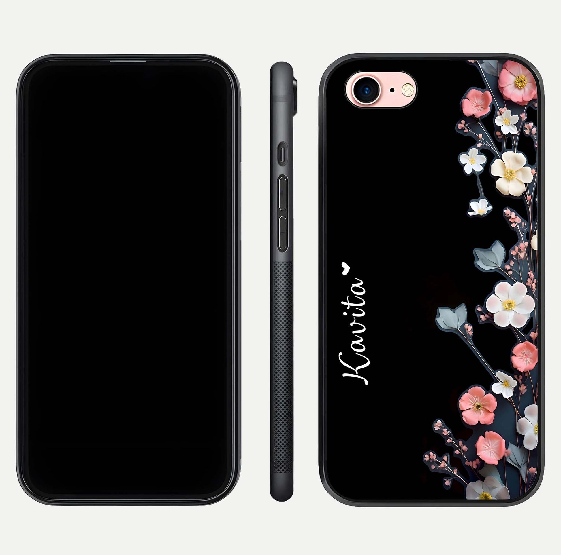 Black Elegance Floral Custom Name Glass Case for iPhone 6 Plus dual-view layout displaying name placement and gloss finish