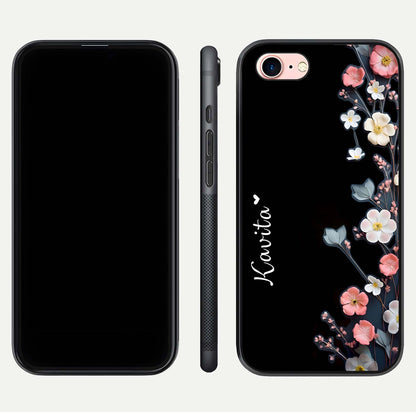 Black Elegance Floral Custom Name Glass Case for iPhone 6 Plus dual-view layout displaying name placement and gloss finish