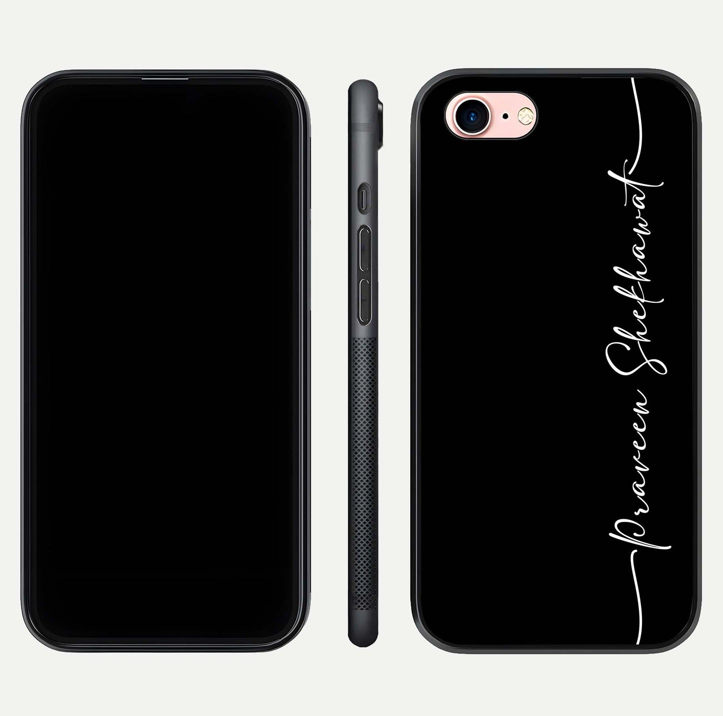 Black Tune Custom Name Glass Case for iPhone 6 Plus front-and-back layout showing personalized name zone and edges