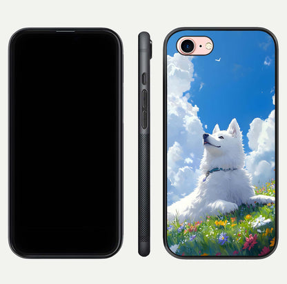 Blissful Cloud Pup Glass Case for iPhone 6 Plus front-and-back layout showing art alignment and edge design