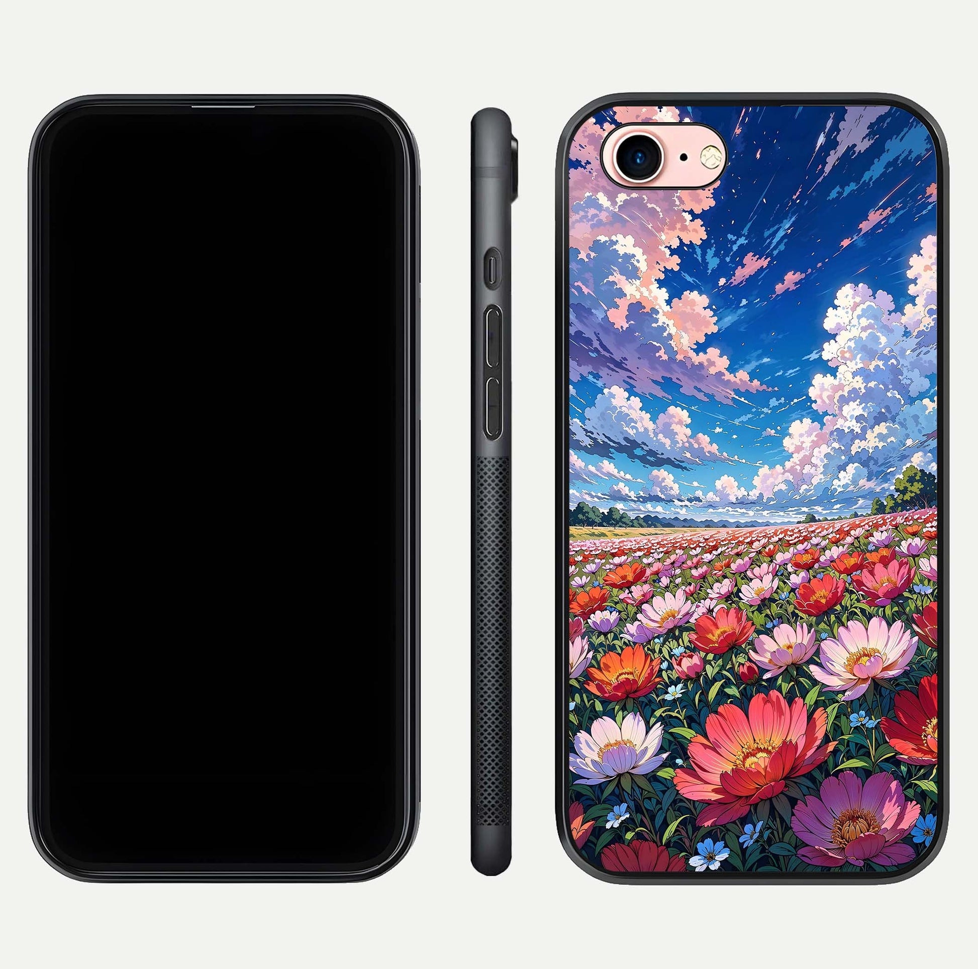 Blossom Sky Field Glass Case for iPhone 6 Plus front-and-back layout highlighting design edges and gloss clarity