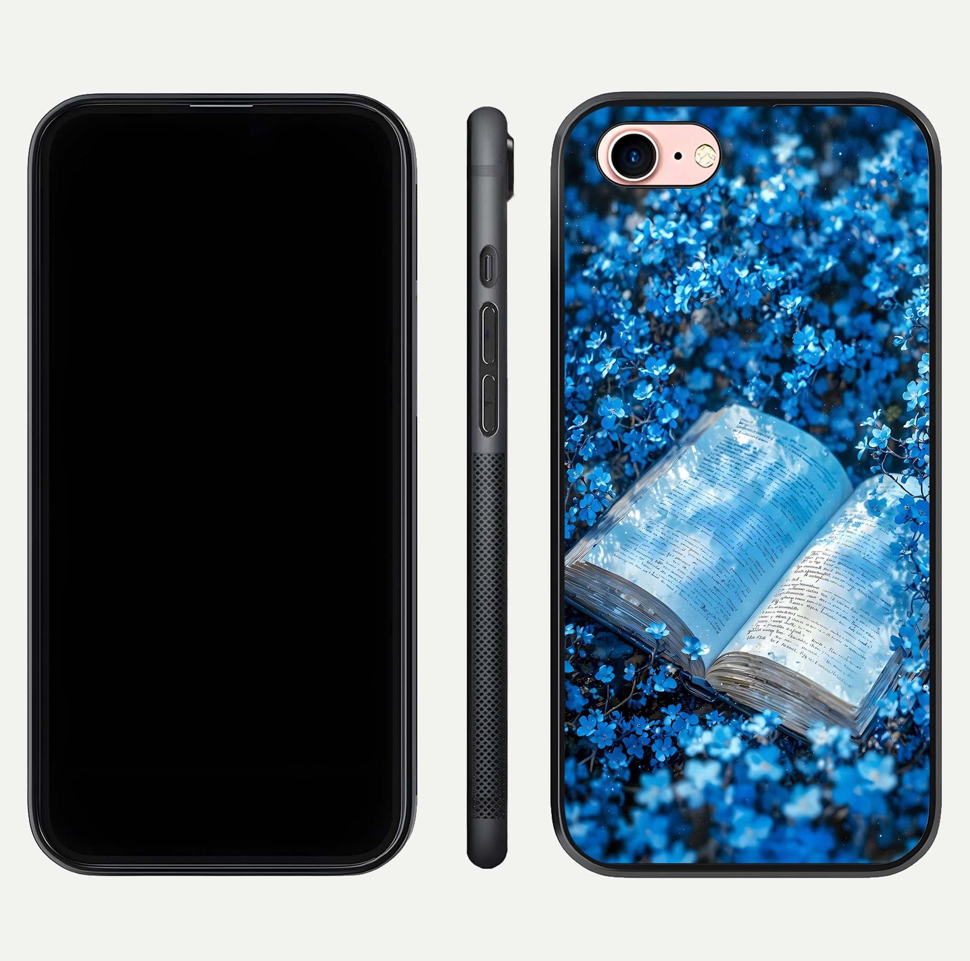 Blue Bloom Tales Glass Case for iPhone 6 Plus dual-view layout highlighting shine, floral print, and smooth edges