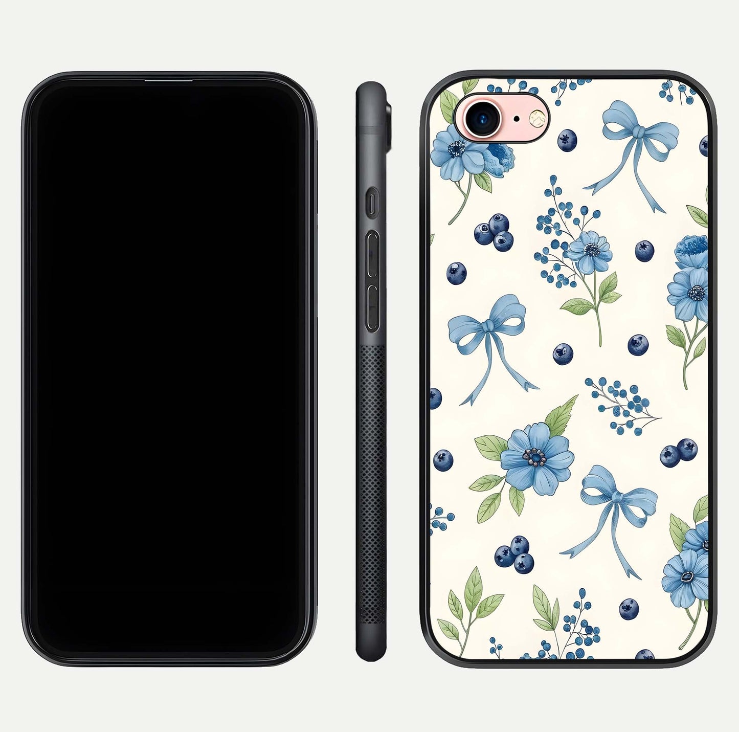 Blue Flower & Bow Glass Case for iPhone 6 Plus dual-view layout showing balanced pattern and smooth edges