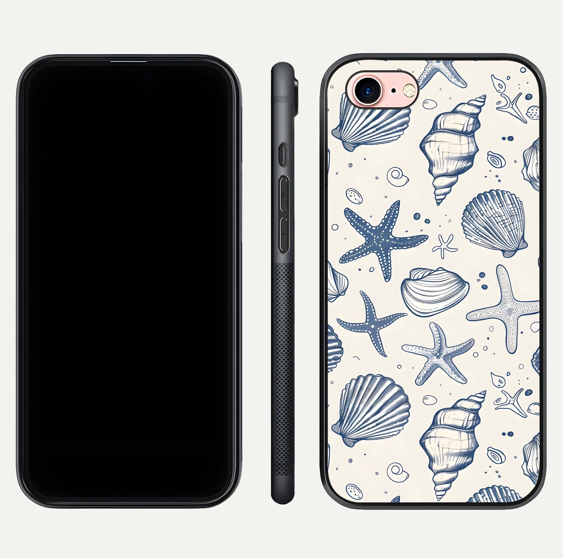 Blue Ocean Outline Glass Case for iPhone 6 Plus front-and-back layout showing minimal wave design and HD gloss