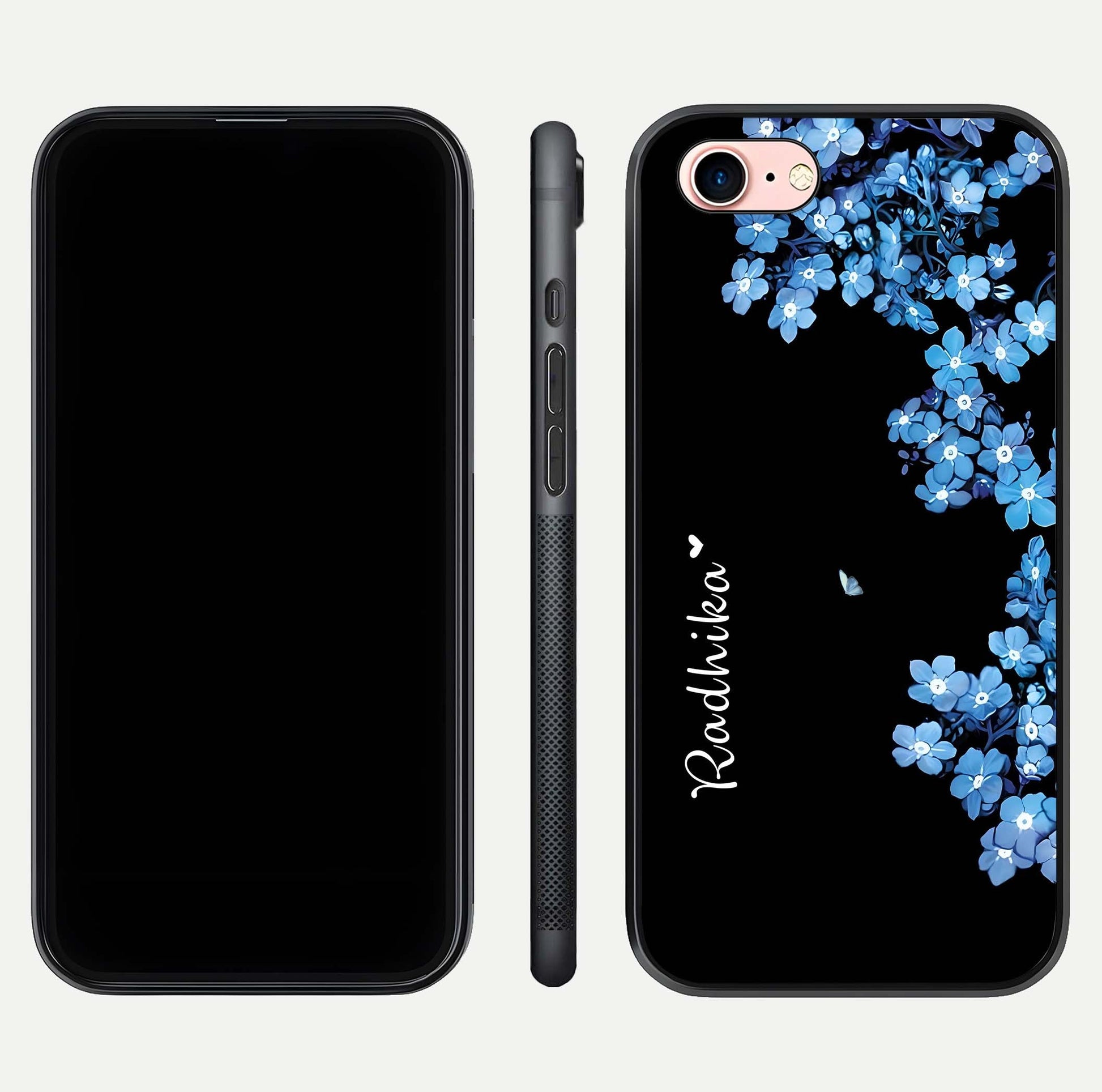 Blue Petal Dream Custom Name Glass Case for iPhone 6 Plus dual-view layout showing text placement and premium finish