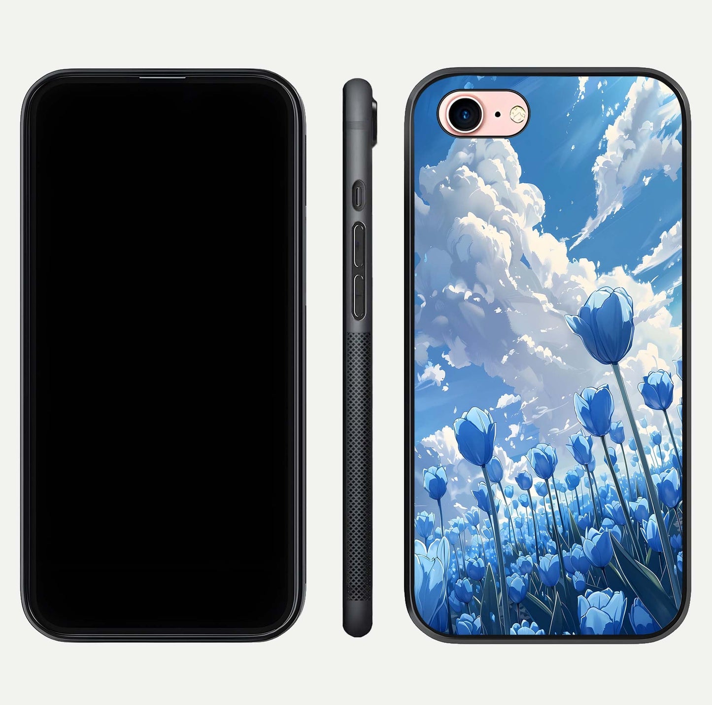 Blue Tulip Clouds Glass Case for iPhone 6 Plus front-and-back layout showcasing floral detail and polished edges