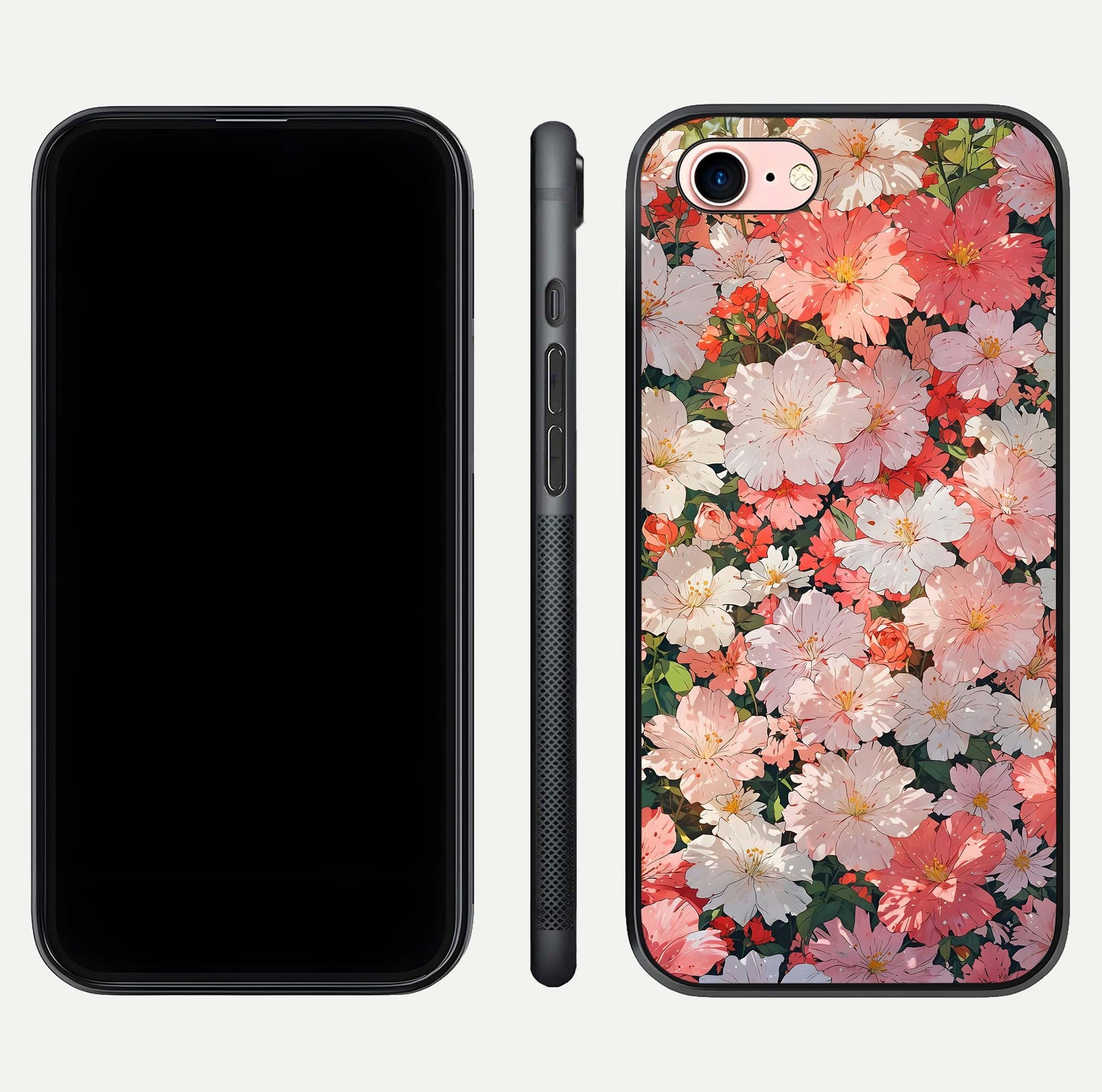 Blush Bloom Field Glass Case for iPhone 6 Plus dual-view layout showing bloom arrangement and protective frame