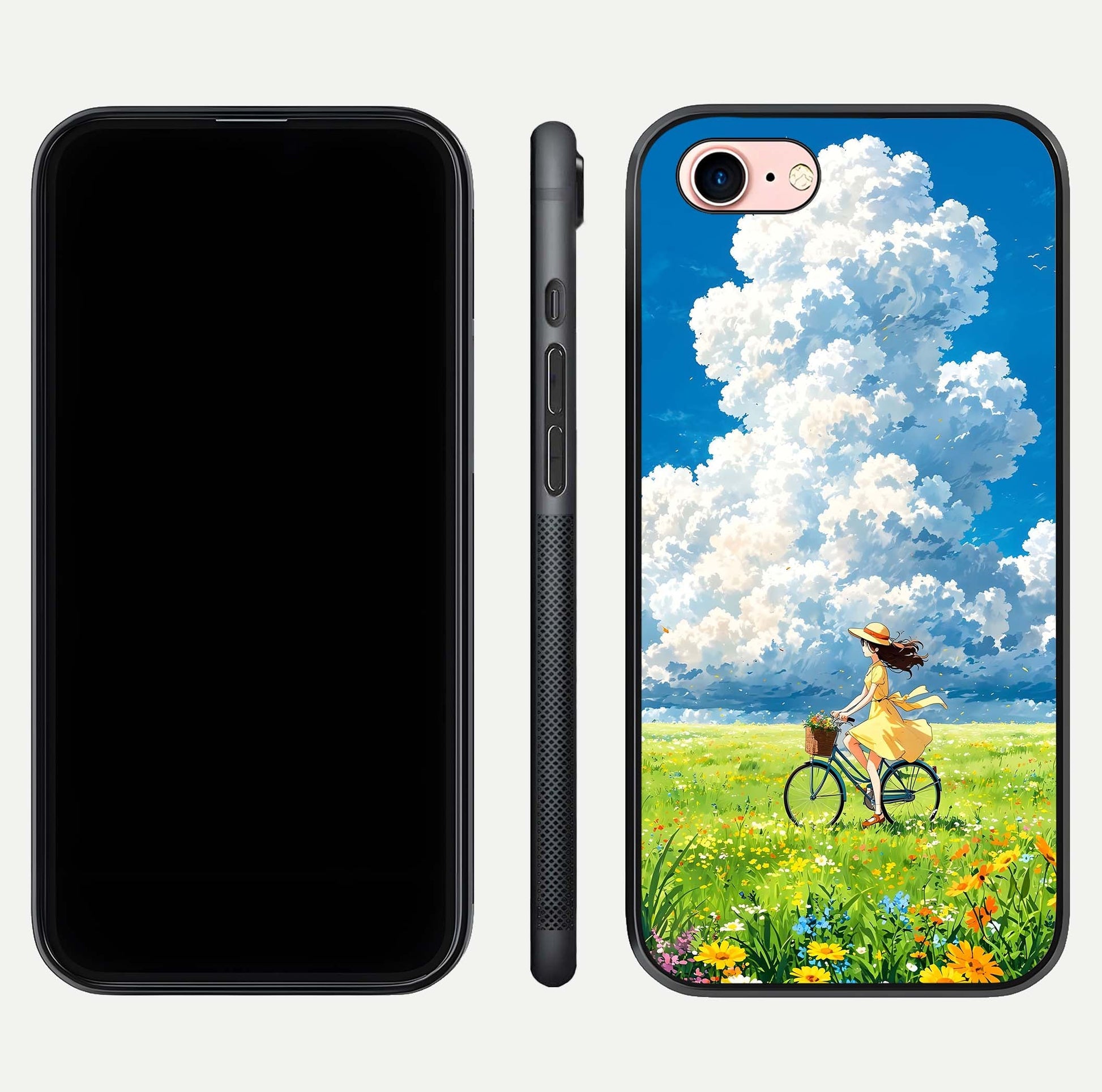 Breezy Meadow Ride Glass Case for iPhone 6 Plus dual-view layout showing soft landscape design and reflection gloss