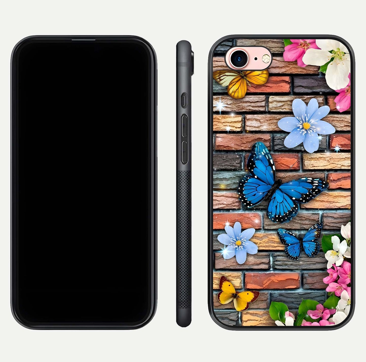 Brick Bloom Flight Glass Case for iPhone 6 Plus dual-view layout showing bloom placement and protective edge design