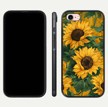 Bright Sunflower Bloom Glass Case for iPhone 6 Plus dual-view layout displaying floral glow and curved glass edge
