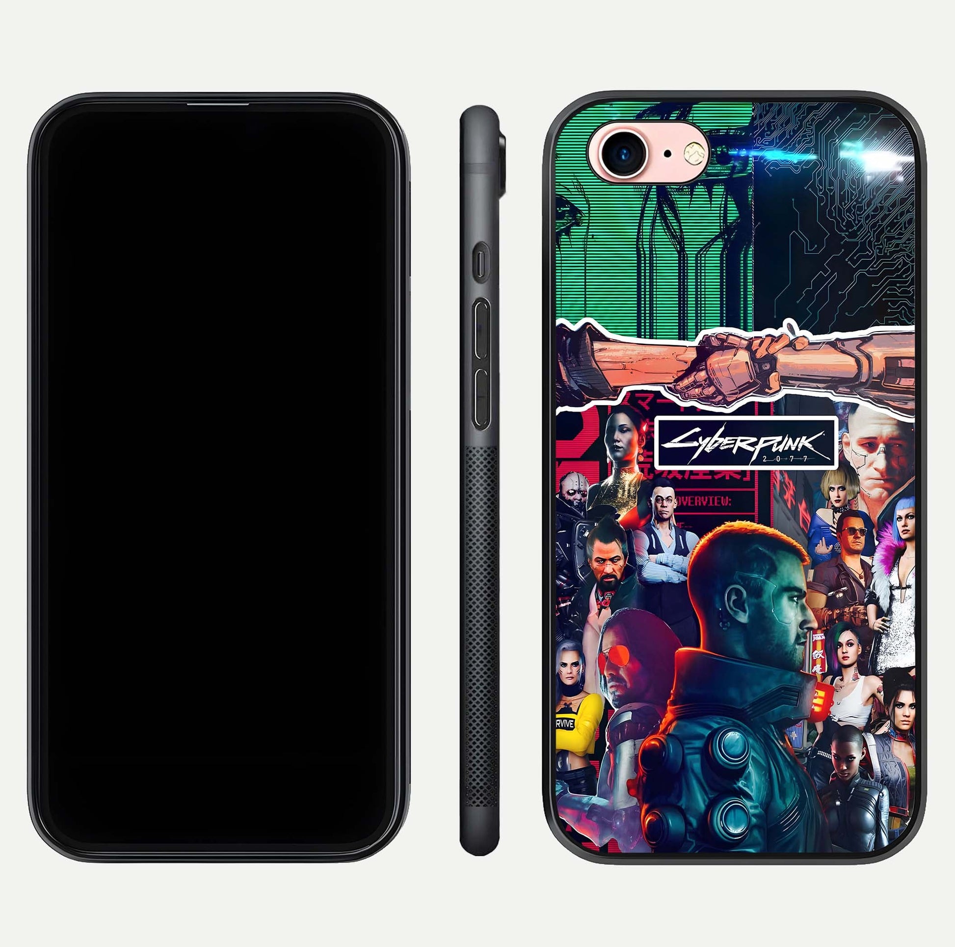 CYBERPUNK Legacy Glass Case for iPhone 6 Plus dual-view layout showing cyberpunk hues and glass precision