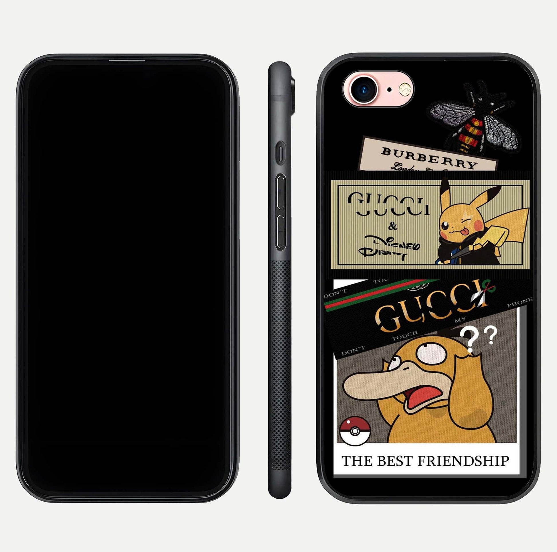 Cartoon Brand Play Mashup Glass Case for iPhone 6 Plus front and back view layout highlighting multi-logo artwork and curved edges