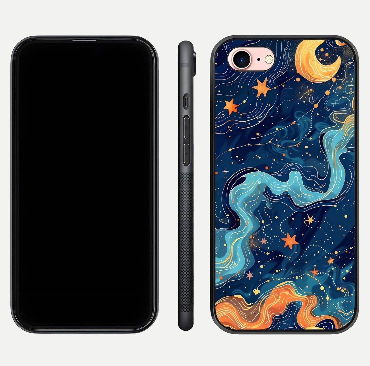 Celestial Dream Flow Glass Case for iPhone 6 Plus dual-view layout showing abstract flow and curved glass
