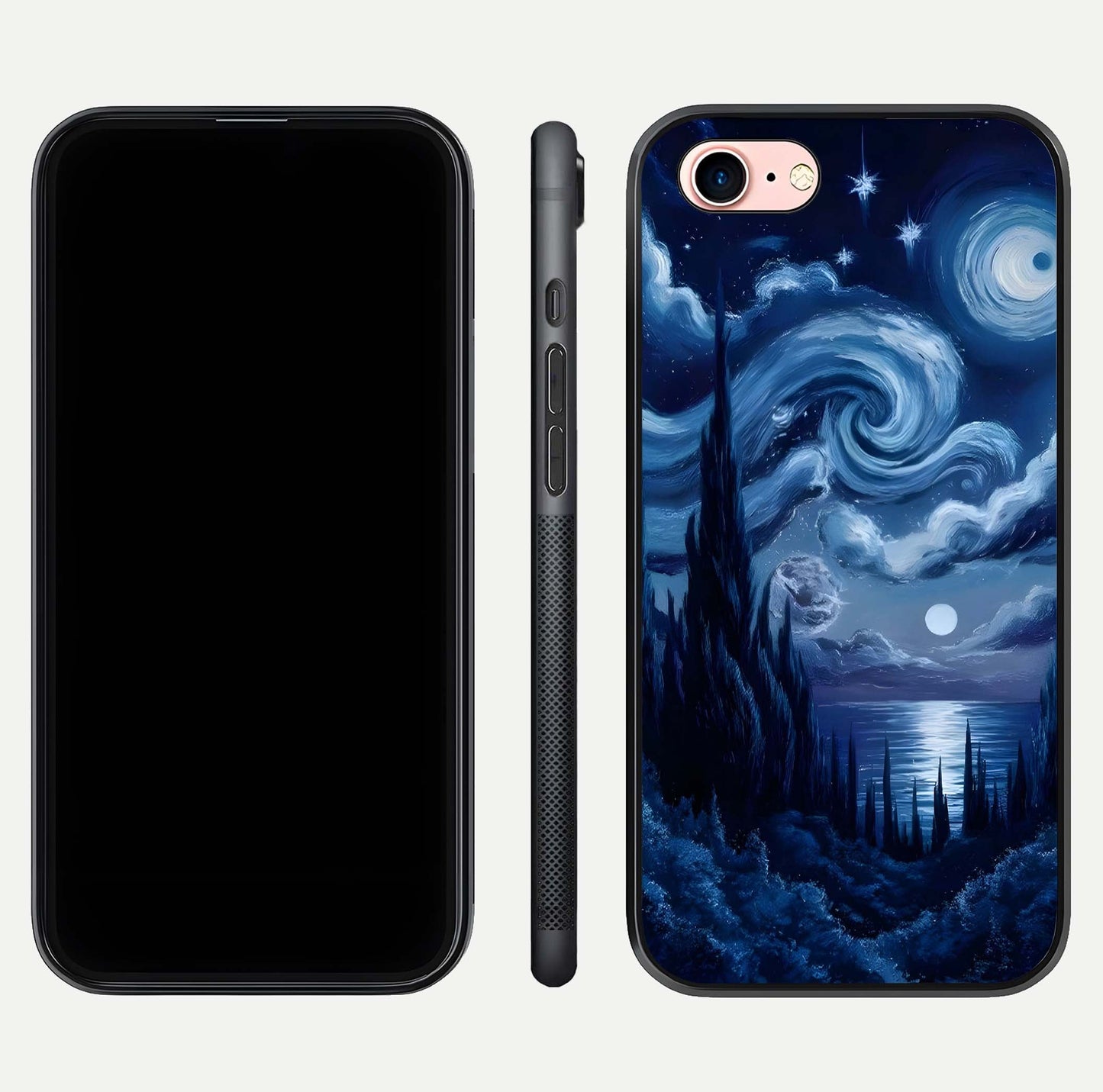 Celestial Dream Van Gogh Glass Case for iPhone 6 Plus dual-view layout displaying art texture and glass polish