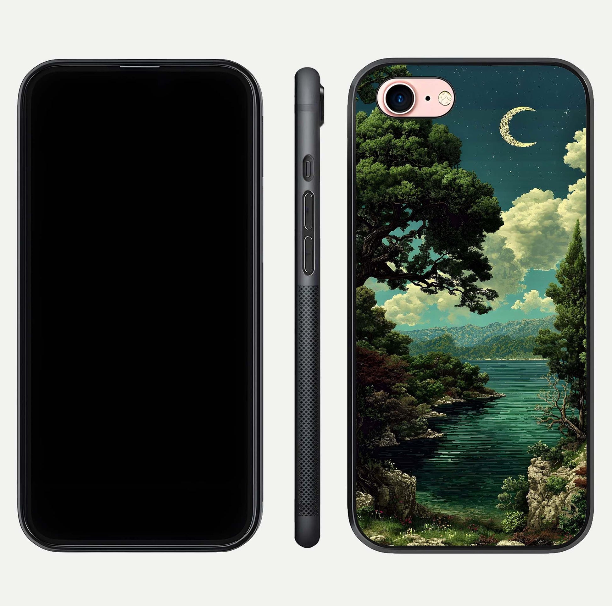 Celestial Lake Peace Glass Case for iPhone 6 Plus dual-view layout showing soft hues and HD shine
