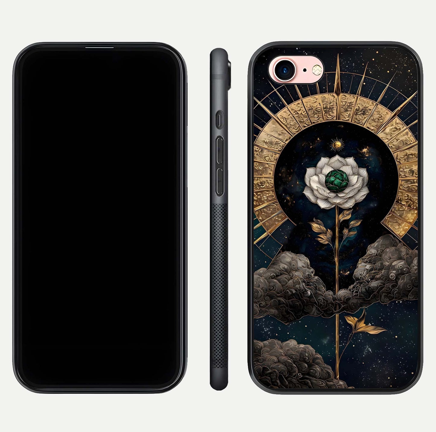 Celestial Lotus Morang Glass Case for iPhone 6 Plus dual-view layout displaying floral symmetry and polished edges