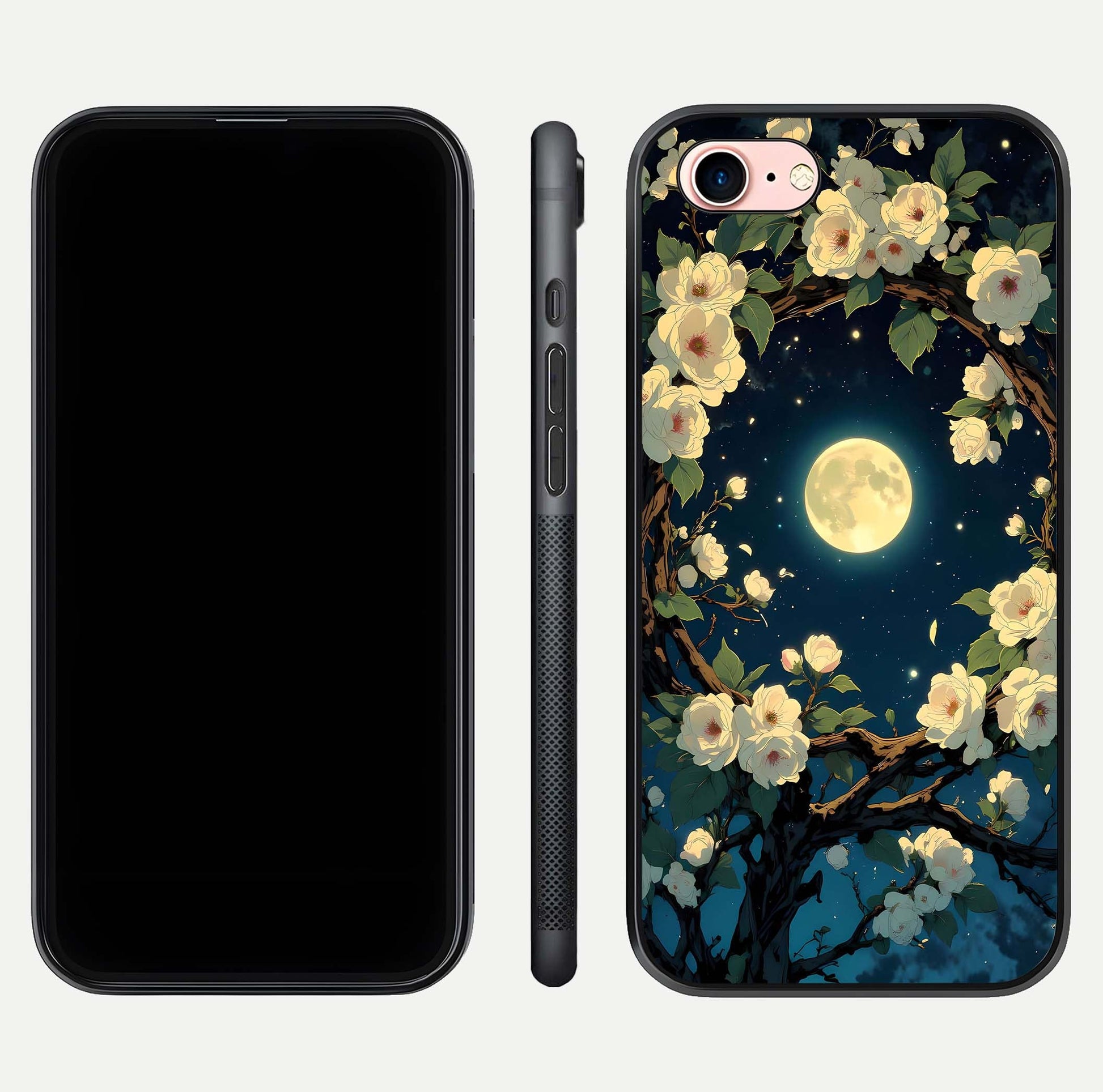 Celestial Moon & Flower Glass Case for iPhone 6 Plus dual-view layout showing balanced lunar art and gloss tone