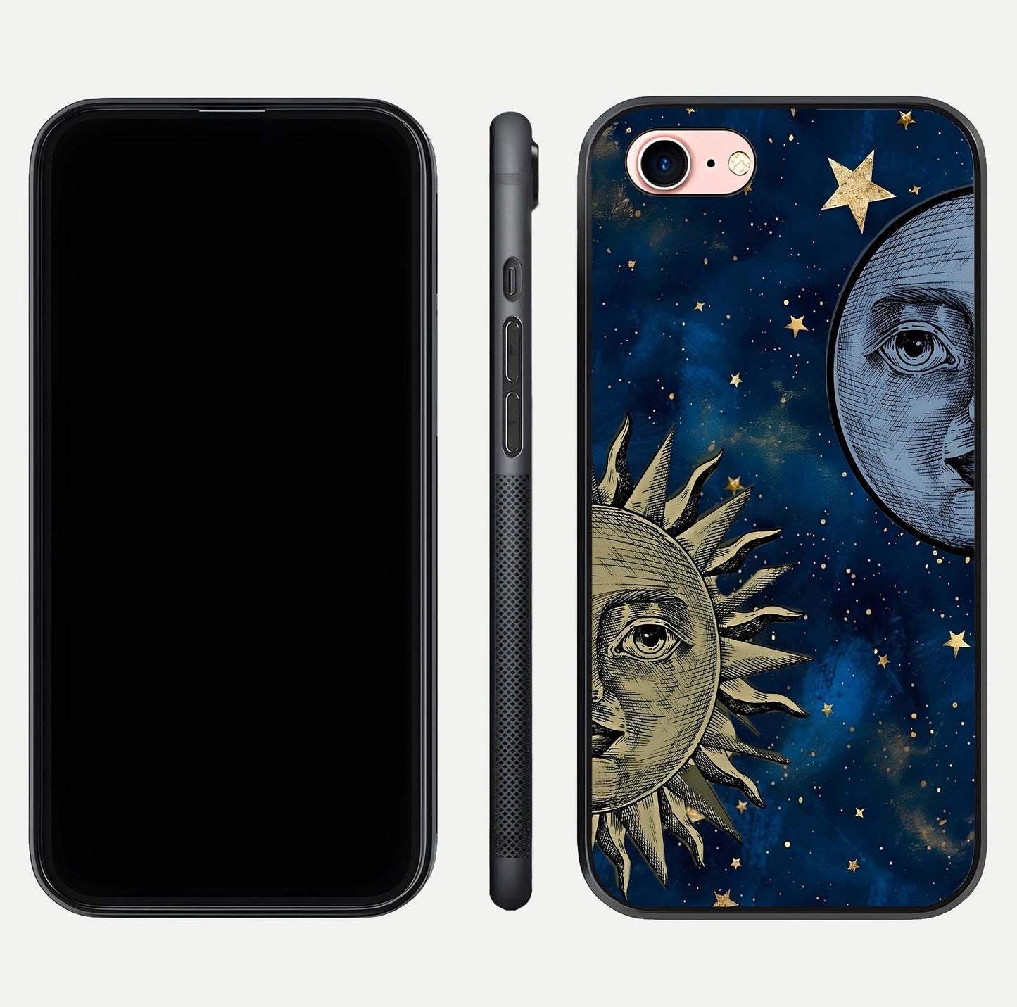 Celestial Moon With Sun Glass Case for iPhone 6 Plus dual-view layout showing luminous pattern and curved edges