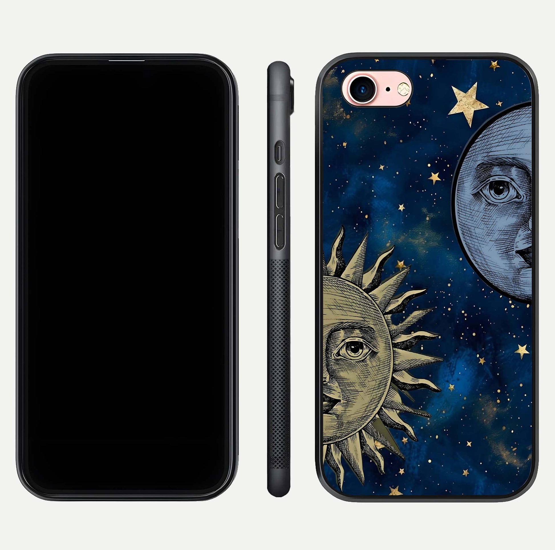 Celestial Moon With Sun Glass Case for iPhone 6 Plus dual-view layout showing luminous pattern and curved edges