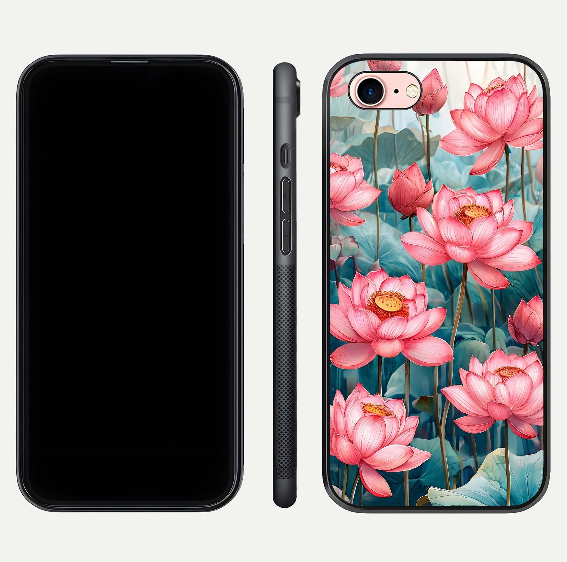 Celestial Pink Lotus Glass Case for iPhone 6 Plus dual-view layout showing floral center and smooth edges