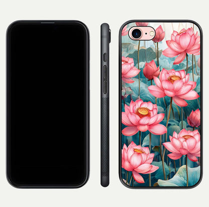 Celestial Pink Lotus Glass Case for iPhone 6 Plus dual-view layout showing floral center and smooth edges