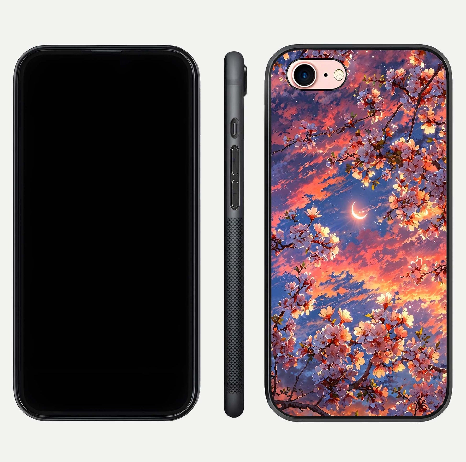 Celestial Sakura Sunset Glass Case for iPhone 6 Plus dual-view layout showing floral gradient and reflection polish