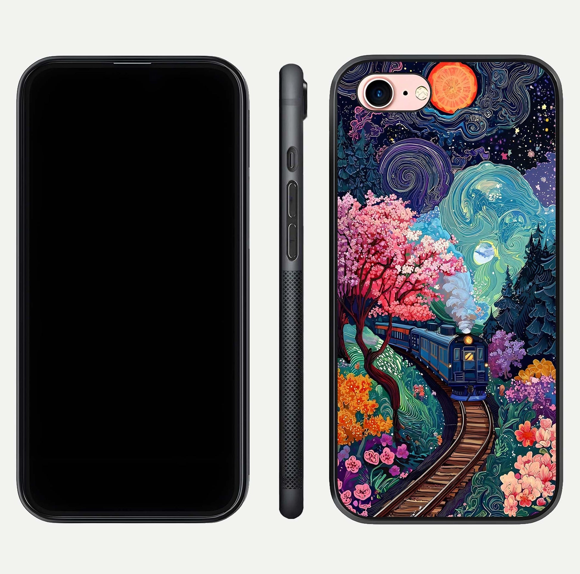 Celestial Train Journey Glass Case for iPhone 6 Plus dual-view layout showing cosmic art balance and curved glass edges