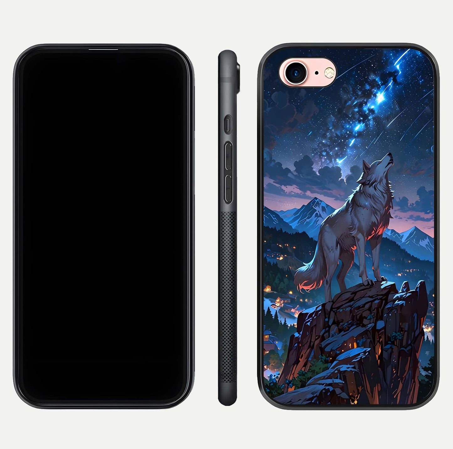Celestial Wolf Howl Glass Case for iPhone 6 Plus dual-view layout displaying night tones and protective glass edges