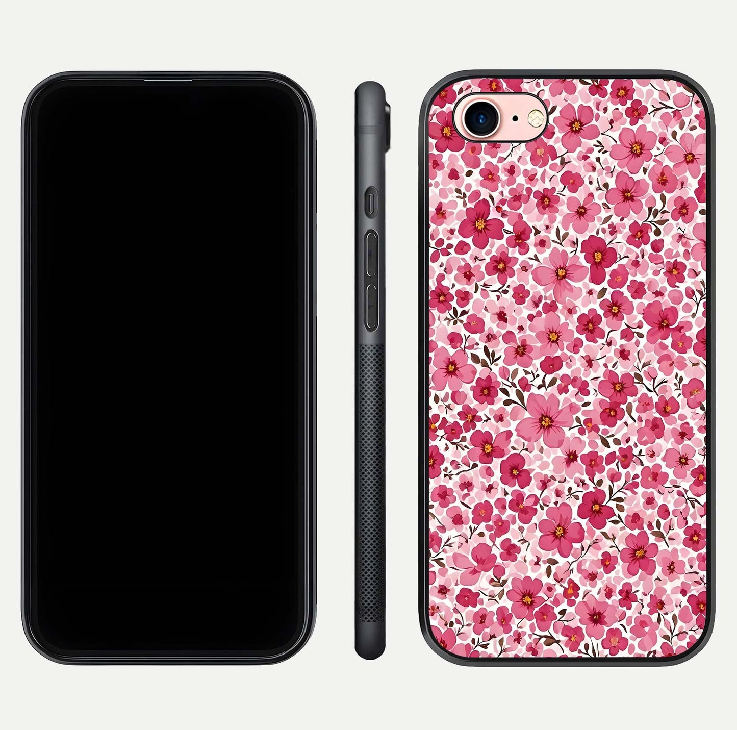 Cherry Blossom Charm Glass Case for iPhone 6 Plus dual-view layout showing elegant floral balance and HD gloss