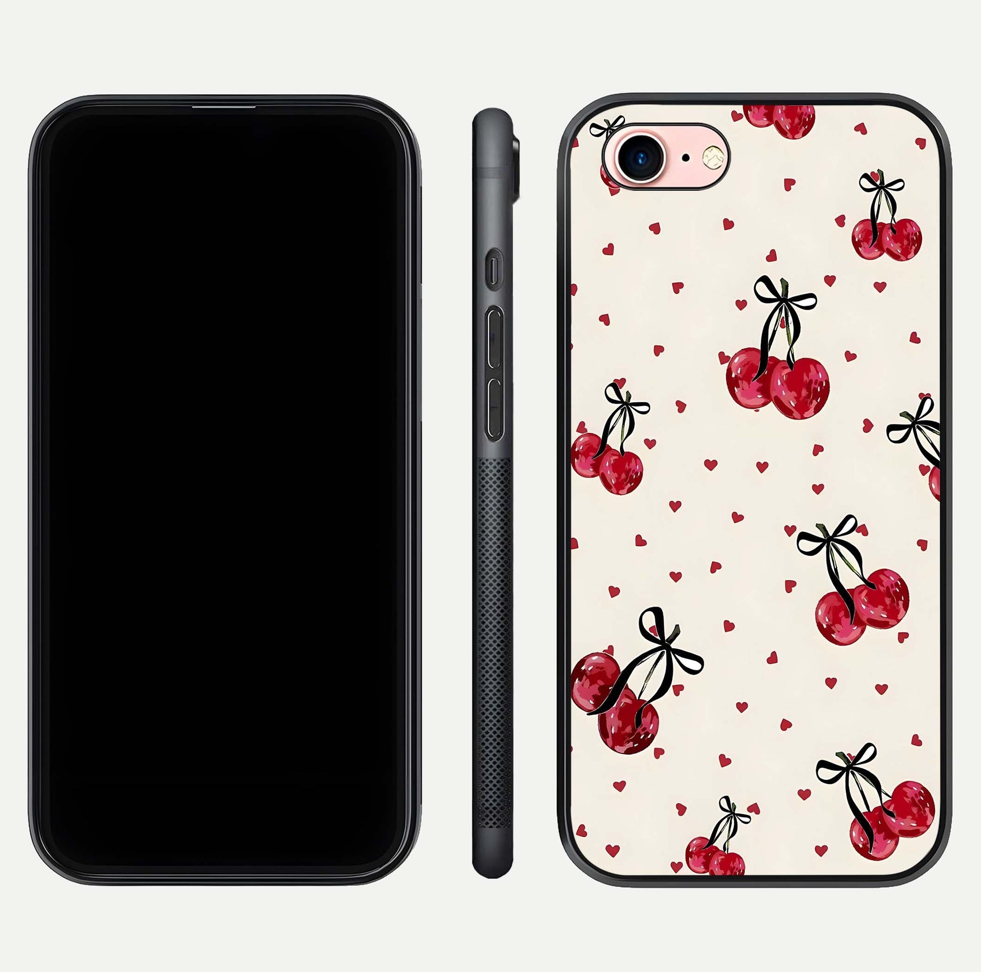 Cherry Heart Bow Glass Case for iPhone 6 Plus front-and-back view showing design clarity and edge protection
