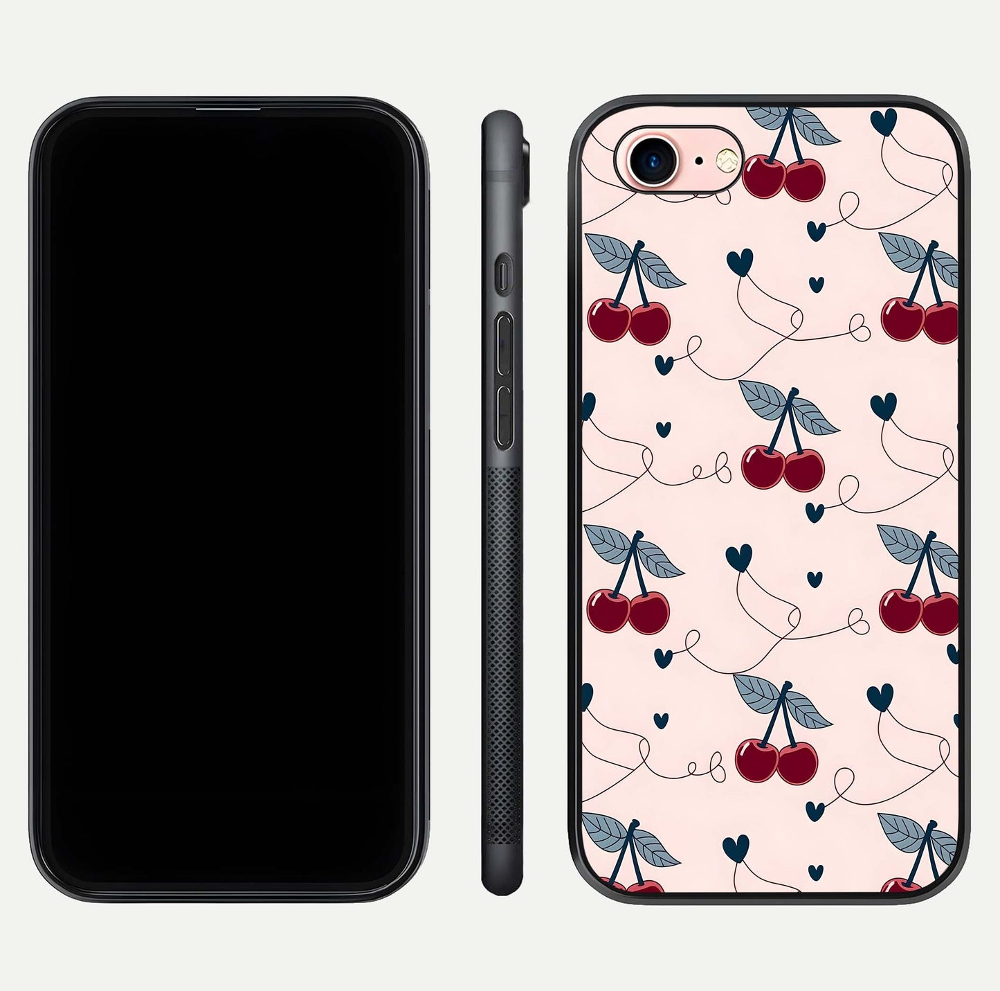 Cherry Heart Line Glass Case for iPhone 6 Plus dual-view layout displaying minimal cherry motif and edge design