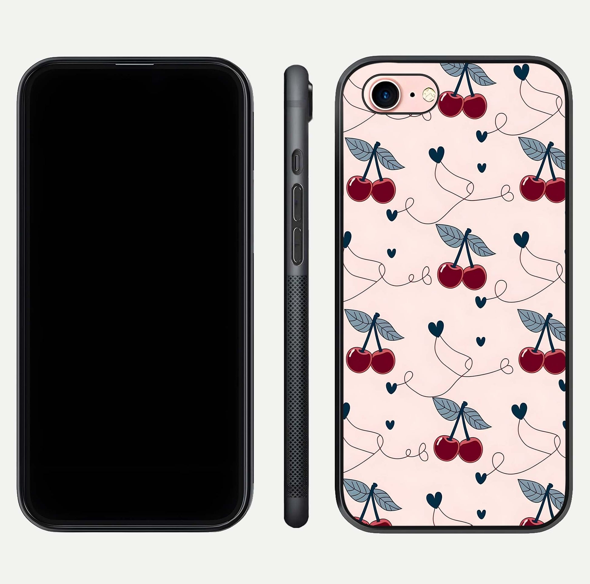Cherry Heart Line Glass Case for iPhone 6 Plus dual-view layout displaying minimal cherry motif and edge design