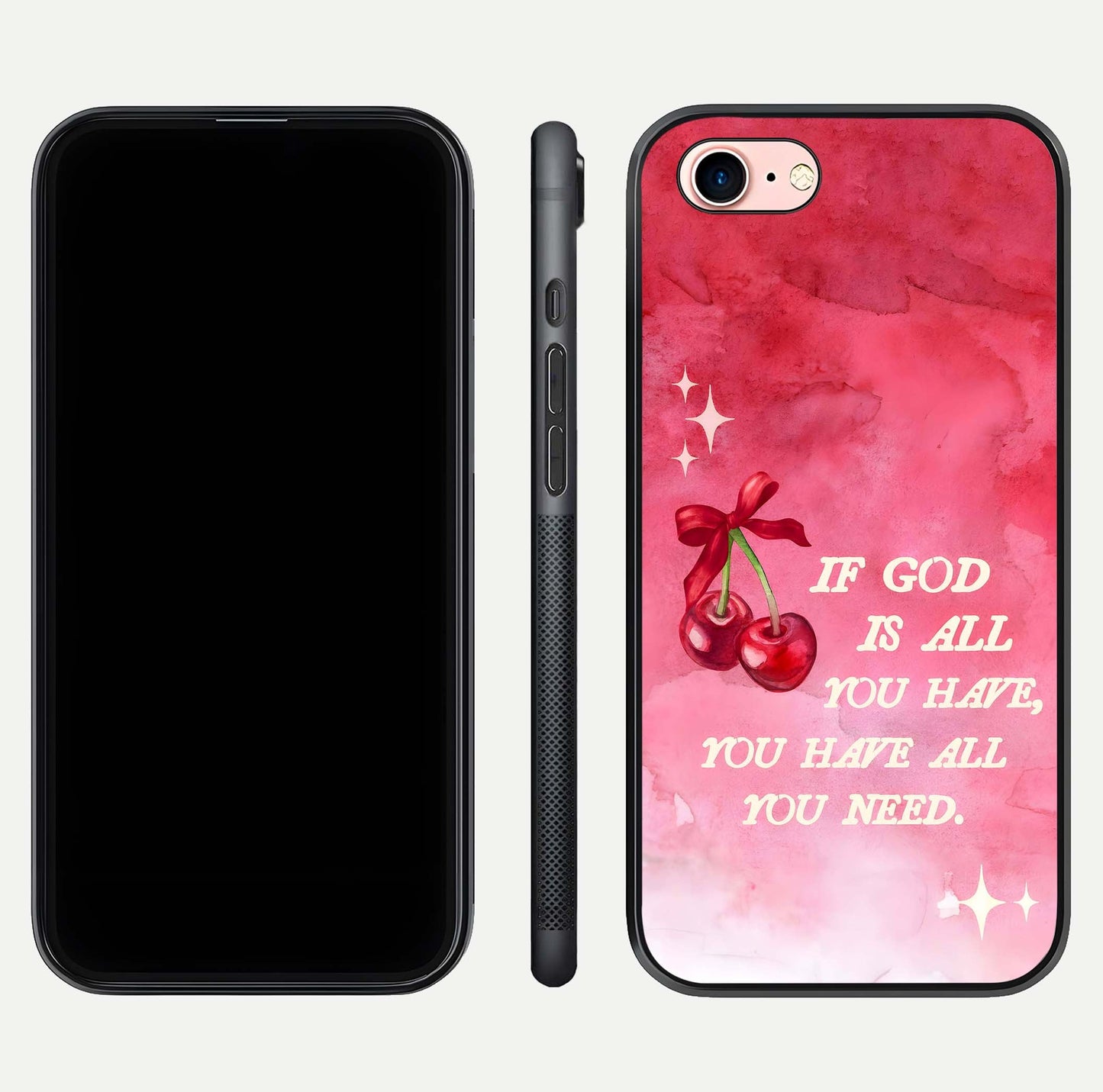 Cherry Quote Glass Case for iPhone 6 Plus dual-view layout showing red cherry tones and text balance
