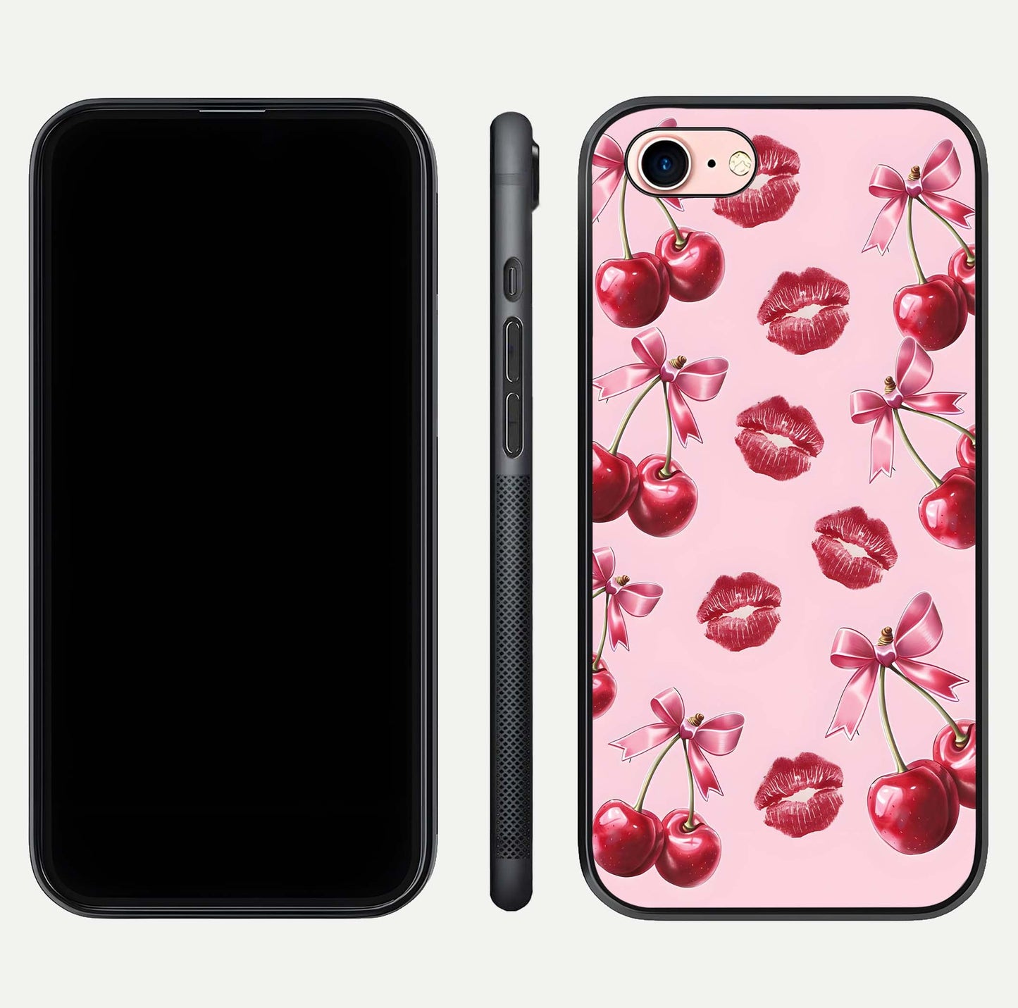 Cherry With Lips Glass Case for iPhone 6 Plus front-and-back layout displaying detailed design and glass finish