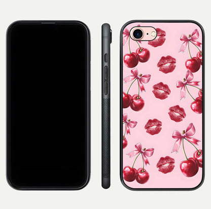 Cherry With Lips Glass Case for iPhone 6 Plus front-and-back layout displaying detailed design and glass finish