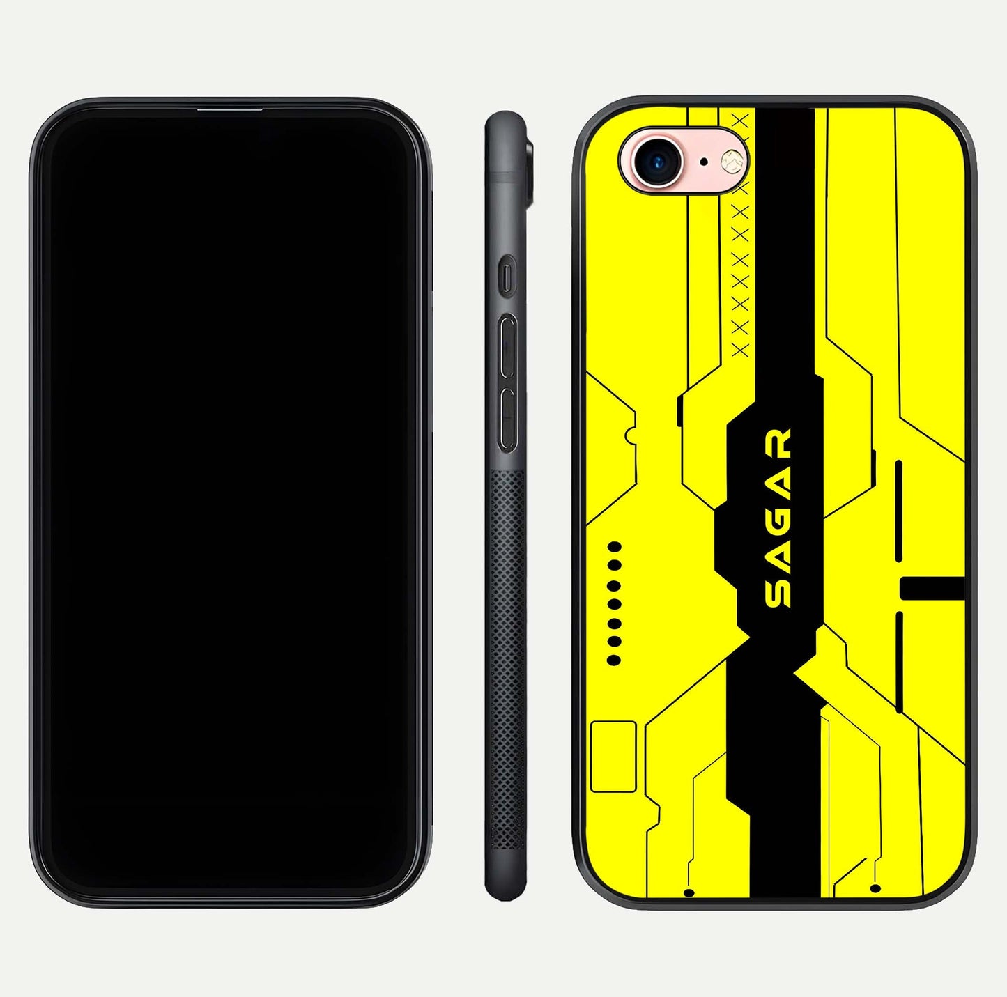 Circuit CYBERPUNK Custom Name Glass Case for iPhone 6 Plus dual-view layout showing bold tech art and edge clarity