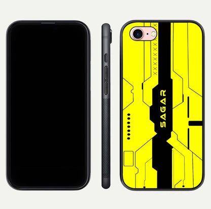 Circuit CYBERPUNK Custom Name Glass Case for iPhone 6 Plus dual-view layout showing bold tech art and edge clarity