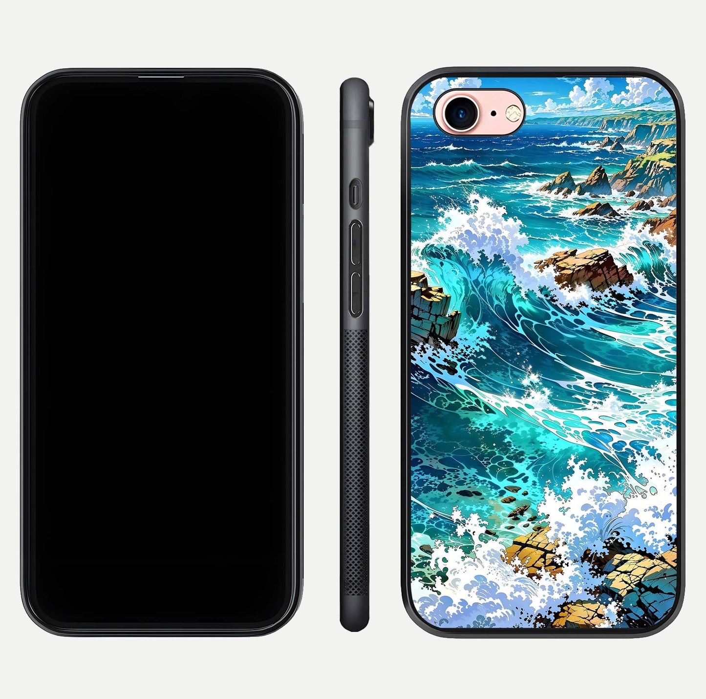 Coastal Blue Waves Glass Case for iPhone 6 Plus dual-view layout displaying sea tones and curved finish