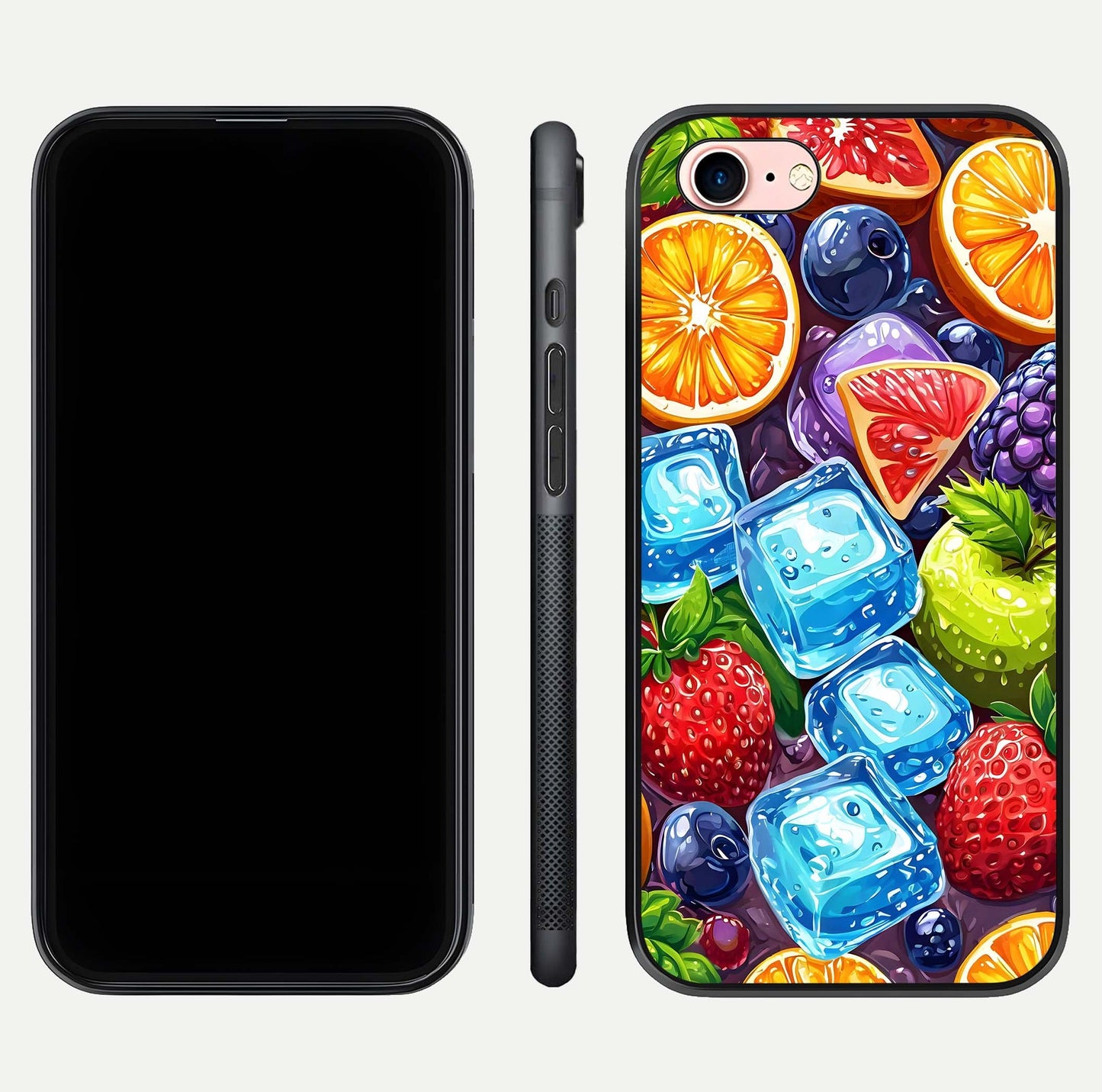 Colorful Fruits with Ice Glass Case for iPhone 6 Plus dual-view layout showing fresh tones and polished edges