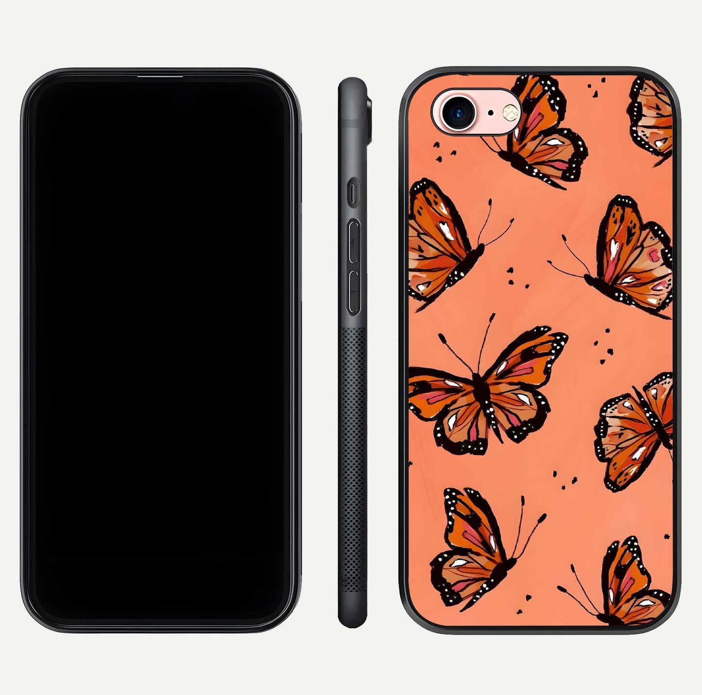 Coral Wing Butterfly Glass Case for iPhone 6 Plus dual-view layout displaying soft floral tones and curved edges