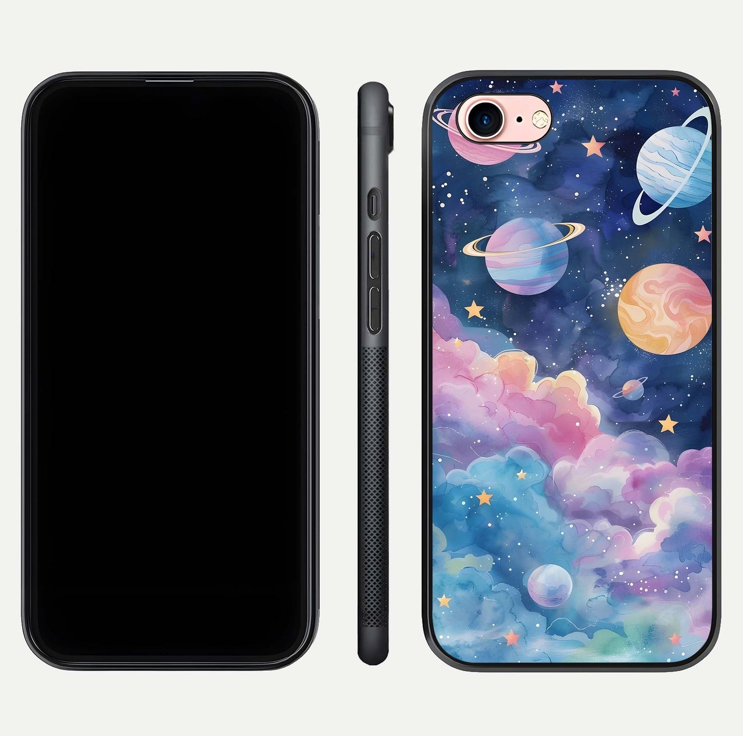 Cosmic Planet Dreams Glass Case for iPhone 6 Plus dual-view layout displaying galaxy colors and curved finish